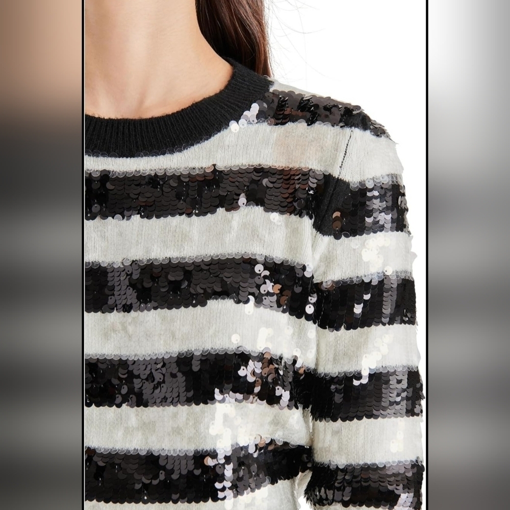 LUSH Black and White Striped Long Sleeve Crewneck Sequin Sweater Size XS